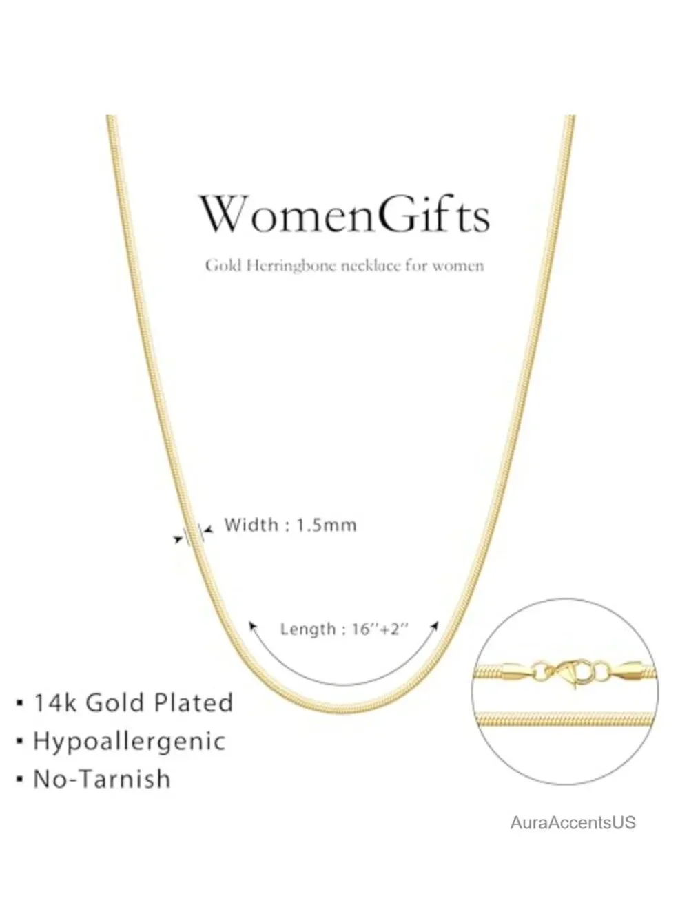 14K Gold Plated Herringbone Necklace for Women, Dainty Snake Chain Choker, Non